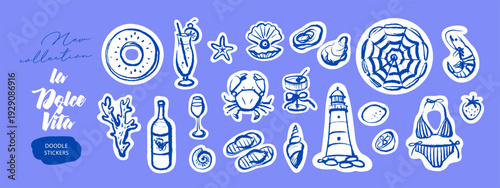Hand drawn sketch vacation sticker set. Dolce vita tropical summer vibe. Vintage Italy Mediterranean coastal collection. Vector isolated crayon illustration