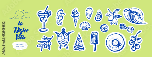 Hand drawn sketch vacation sticker set. Dolce vita tropical summer vibe. Vintage Italy Mediterranean coastal collection. Vector isolated crayon illustration
