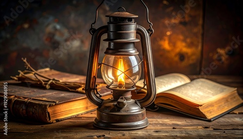 An ancient antique kerosene oil lamp with a vintage glass flame sits as a retro metal decoration on a rustic wooden table alongside a classic samovar