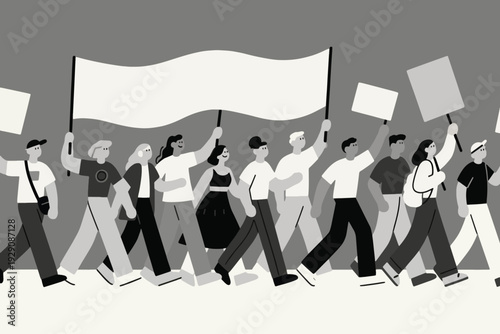 Illustration Of A Group Of Demonstrators Carrying Banners And Posters, Walking Vector Design Template