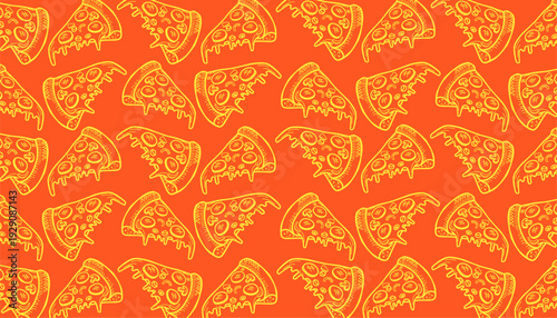 Pizza Pattern Design. Seamless Slice Motif. Hand Drawn Outline. Decorative Food Background. Packaging Textile Use.