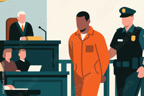 Illustration Of A Criminal Being Brought By A Police Officer To The Courtroom Vector Design Template