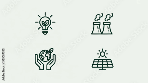eco friendly icons set including light bulb with leaf globe in hands and solar panel
