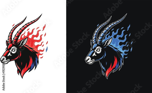 Dynamic illustrations of a fierce goat or antelope head with fiery flames in red and blue variations, suitable for e-sports mascots or logos.