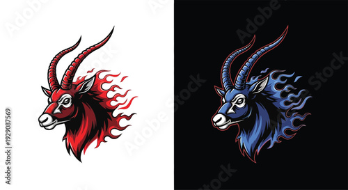 Two stylized antelope heads with fiery trails, one red on white and one blue on black, representing power and speed.