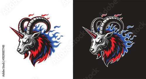 Aggressive goat head with unicorn horn and fiery red and blue flames, presented on both white and black backgrounds for versatile use.