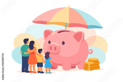 Family Protected by Piggy Bank Umbrella Savings Concept.