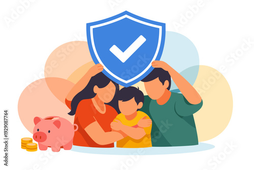 Family Protected by Shield with Piggy Bank and Coins.