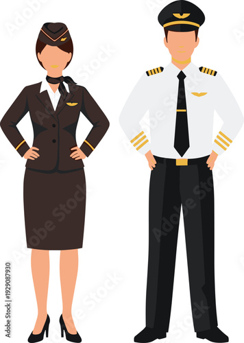 Airline pilot and flight attendant standing side by side aviation crew
