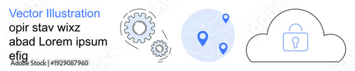 Cybersecurity, data protection, navigation, cloud services, technology setup, innovation. Gears, location pins on a globe and a locked cloud. Cybersecurity and data protection