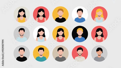Flat design people icons in circular avatars with diverse appearances