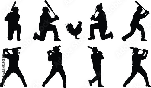 Black silhouettes of baseball players swinging bats and a rooster