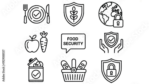 Food security icons with shield and lock symbols for safety and protection concepts