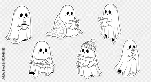 Cute ghost characters in various cozy activities and outfits