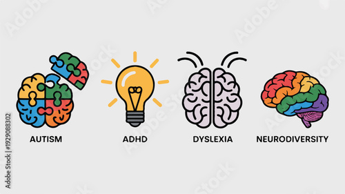 Four colorful brain illustrations representing autism ADHD dyslexia and neurodiversity concepts