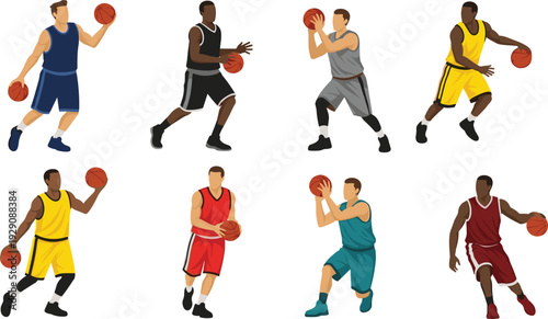 Eight basketball players in different colored uniforms dribbling or holding basketballs