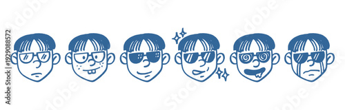 Set of Character Faces with Glasses Expressions. Cool Human Head Emotion Illustrations in Urban Graffiti Tag Style for Modern Identity.