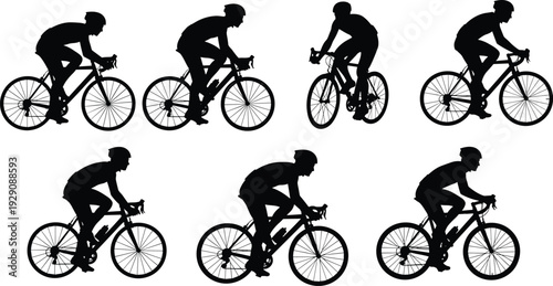 Cyclist silhouette illustration, bicycle rider vector, sports action design, racing posture variations, bike speed motion, athletic movement, detailed spokes frames, cycling icons, sports training set