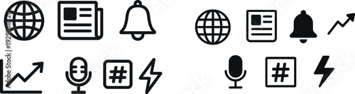 Symbols include a globe, a newspaper, a notification bell, a rising graph, a microphone, a hashtag, and a lightning bolt to reflect global connectivity and information sharing.