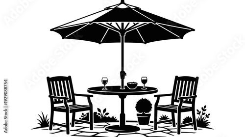 Outdoor Café Scene Vector – Patio Table with Umbrella and Chairs Featuring Drinks and Snacks for Hospitality Graphics and Alfresco Dining Design Projects