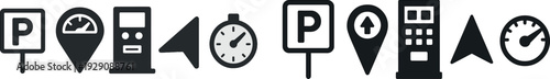 Various parking symbols and indicators are presented, including a parking sign, a meter, and a timer, commonly seen in urban areas for guiding motorists.