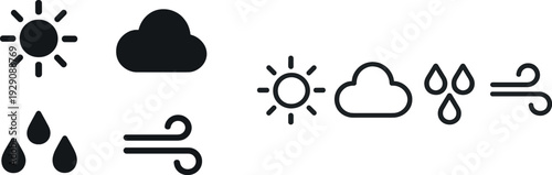 Four simplistic symbols illustrate different weather conditions, including a sun, a cloud, raindrops, and wind. These icons showcase daily atmospheric variations.