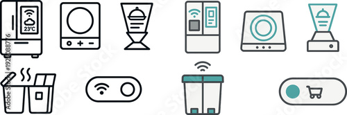 A collection of sleek smart kitchen appliances including a refrigerator, induction cooktop, food cooler, and waste bin with advanced features for cooking and food management at home.