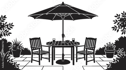 Outdoor Café Scene Vector – Patio Table with Umbrella and Chairs Featuring Drinks and Snacks for Hospitality Graphics and Alfresco Dining Design Projects