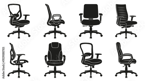 Executive Office Chair Silhouette Vector Set – Ergonomic Seating Icons Featuring Swivel, High-Back, and Armrest Designs for Workplace Graphics and Furniture Design Projects