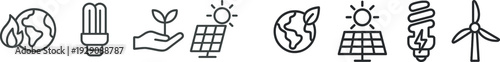Icons depict elements of environmental awareness, including the planet, energy-efficient lighting, plant growth, and solar energy. These symbols emphasize sustainability and eco-friendliness.