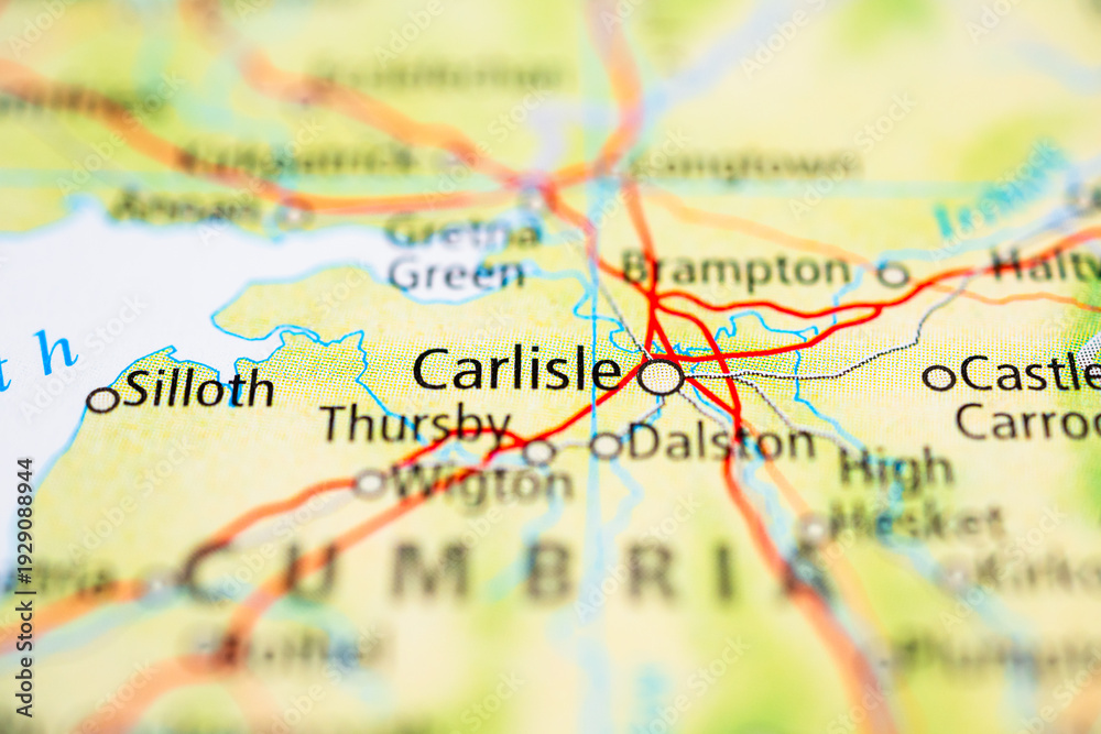 Naklejka premium Detailed road map of Carlisle area in Cumbria with connecting highways and towns.