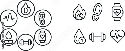 Graphics display six distinct icons symbolizing fitness activities and health monitoring, including heart rate, step counting, weightlifting, and hydration, encouraging a healthy lifestyle.