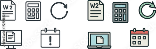 A collection of essential tax preparation items includes a W2 form, calculator, clock symbol, computer displaying documents, and a calendar with an exclamation mark indicating a deadline.
