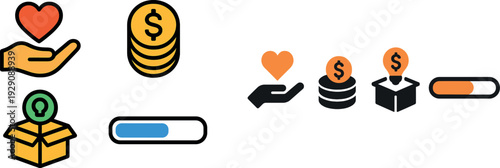 Various icons illustrate key concepts such as charity, finance, innovation, and progress. The visual elements convey optimism and collaboration among these themes.