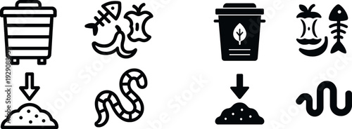 Various icons depict waste items such as food scraps, a trash bin, and elements of composting, illustrating the process of recycling organic materials into nutrient-rich soil.