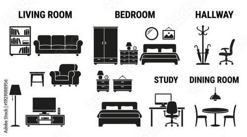 Household Furniture & Appliance Icon Set – Comprehensive Home Interior Symbols Featuring Bedroom, Living Room, Kitchen, Office, and Decor Elements for Design Projects