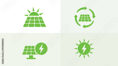 Green icons of solar energy and electricity generation
