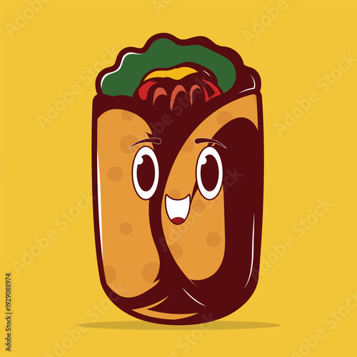 Cute Kawaii Burrito Vector Pastel Colored Flat Style Mexican Food Illustration, Hand Drawn Burrito Wrap Icon for Fast Food, Street Food, Lunch Meal, Mexican Cuisine, and Snack Design