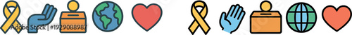 A collection of icons representing awareness ribbons, support, voting, global community, and love, often used during social initiatives to promote engagement and empathy.