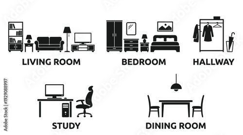 Household Furniture & Appliance Icon Set – Comprehensive Home Interior Symbols Featuring Bedroom, Living Room, Kitchen, Office, and Decor Elements for Design Projects