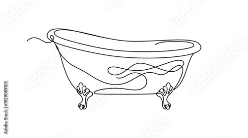 Clawfoot Bathtub Line Art – Elegant Minimalist Illustration Featuring Flowing Steam for Spa, Wellness, and Bathroom Decor Graphics and Relaxation Design Projects