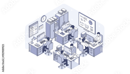 Tax Accountants Working, Calculating, Finance & Accounting, Isometric Line Art, Vector Illustration