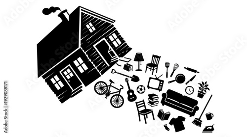 House Tipping with Belongings Icon Set – Stylized Home and Furniture Spill Illustration Featuring Everyday Items for Moving Day, Real Estate, and Lifestyle Graphics