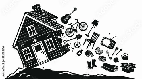 House Tipping with Belongings Icon Set – Stylized Home and Furniture Spill Illustration Featuring Everyday Items for Moving Day, Real Estate, and Lifestyle Graphics
