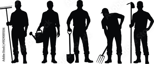 Farmer Silhouette Vector Set with Rake Shovel Pitchfork and Watering Can Agricultural Worker Black and White Illustration Collection