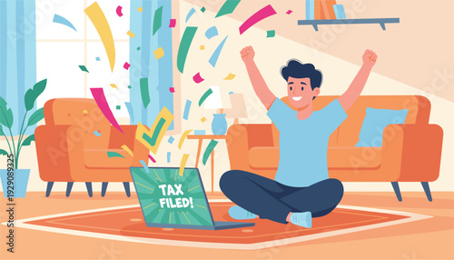 Happy man celebrating successful online tax filing with confetti at home for personal finance and accounting relief in a vibrant flat vector illustration with copy space.