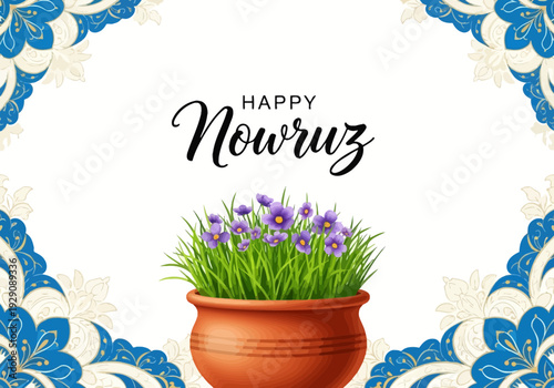 Happy nowruz greeting with sabzeh in terracotta pot