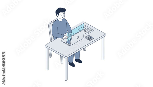 Man calculating tax on laptop. Taxation finance. Isometric outline blue. Vector isolated white.