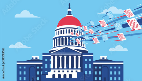 Capitol Building Documents Flying Tax Legislation - Flat Vector Blue Red Graphic Illustration