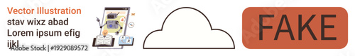 Fake content detection, online security, misinformation awareness, digital evidence, data authentication, cloud technology. Cloud icon, tablet showing fake stamp. Fake detection and online security